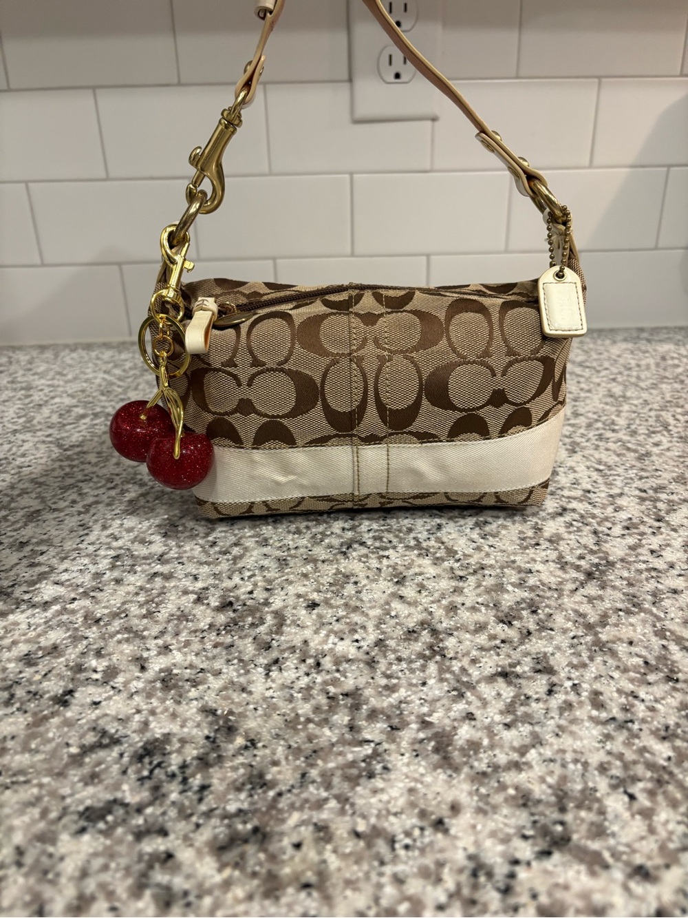 Coach Mini Shoulder Bag in Khaki, Cream with Red Charm - Picture 2 of 13